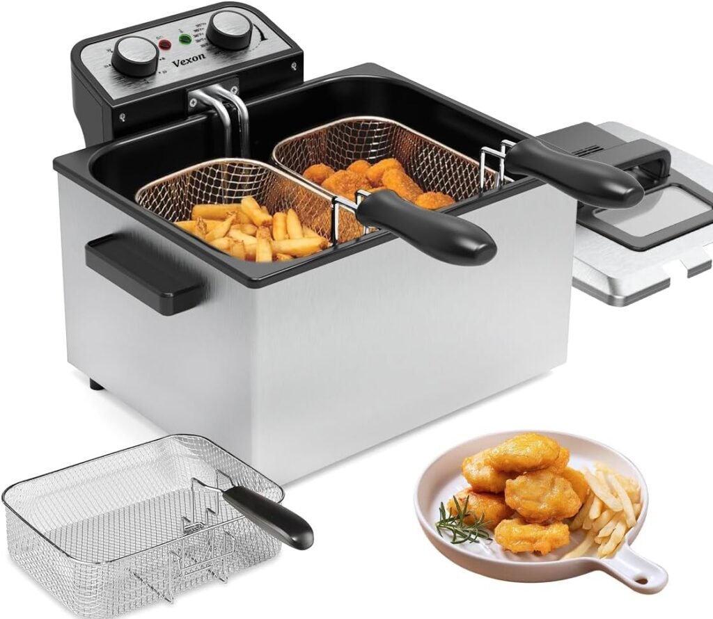 1800W 5 Liters/21 Cups Large Electric Deep Fryer with 3 Frying Baskets for Home Use, Adjustable Temperature,View Window Lid,Countertop Stainless Steel Body Deep Fryer Pot,Perfect for Kitchen, Fry Fish