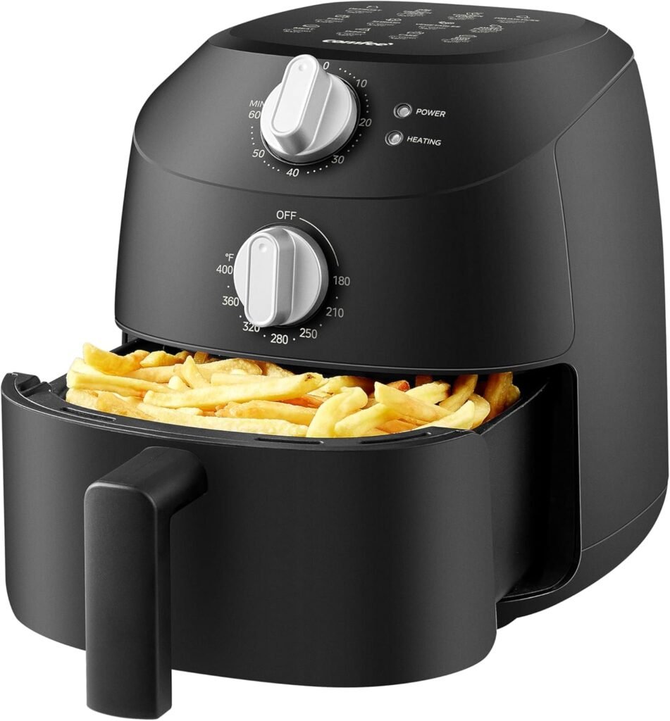 COMFEE’ Compact 2.1 Quart Air Fryer with 12 Menu Options, Adjustable Timer & Temperature Control 180-400 degrees F, Dishwasher-Safe Nonstick Fry Basket with Stainless Steel Finish