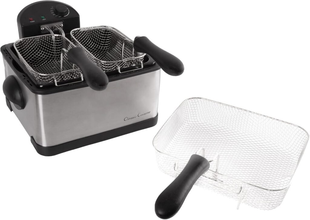 Deep Fryer – 4-Liter Electric Oil Fryer – 1 Large Basket and 2 Small for Dual Use – Stainless-Steel Cooker with Cool Touch Features by Classic Cuisine