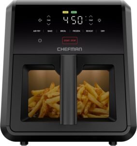 Chefman Air Fryer TurboFry 7-Qt, 6-in-1 High-Powered 450°F Cooking for Crispier Results, Compact Space-Saving Design, Air Fry, Bake, Broil, Reheat, Dehydrate, Defrost, Fast & Even Cooking – Black