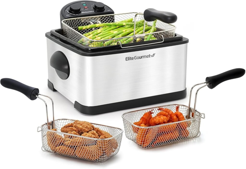 Elite Gourmet EDF-401TX 1700-Watt Triple Basket Electric Deep Fryer with Timer and Temperature Knobs and Odor Free Filter, 4.2L, 18-Cup, Black
