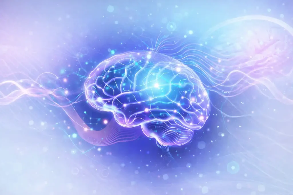 Gamma brainwave visualization showing glowing neural connections activated by The Brain Song audio