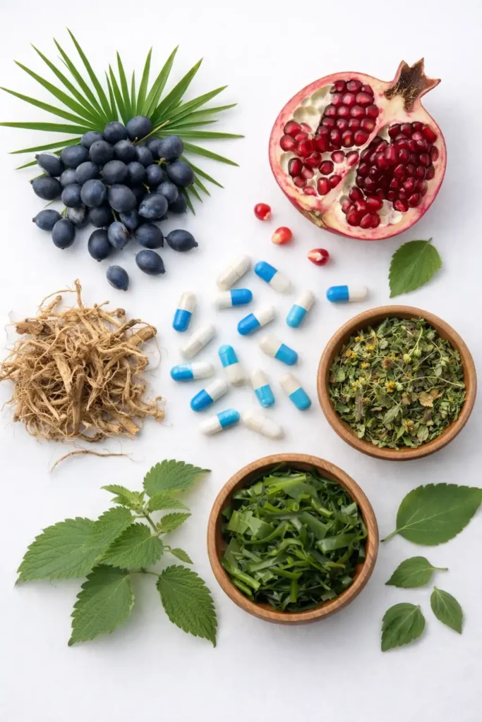 Natural ingredients used in ProstaVive including saw palmetto nettle root and pomegranate