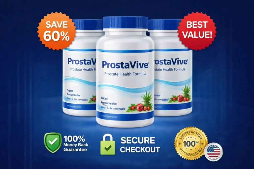 ProstaVive supplement bottles showing discount offer, secure checkout, and money back guarantee