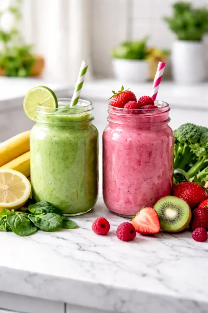 Healthy green and berry smoothies in mason jars on a bright kitchen counter with fresh fruits and vegetables