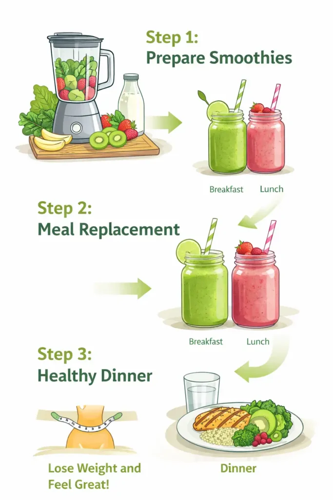 Step-by-step infographic showing smoothie preparation, meal replacement, and healthy dinner plan for weight loss
