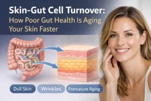 Skin-Gut Cell Turnover illustrated by gut health affecting skin layers, showing how poor digestion leads to dull skin, wrinkles, and premature aging