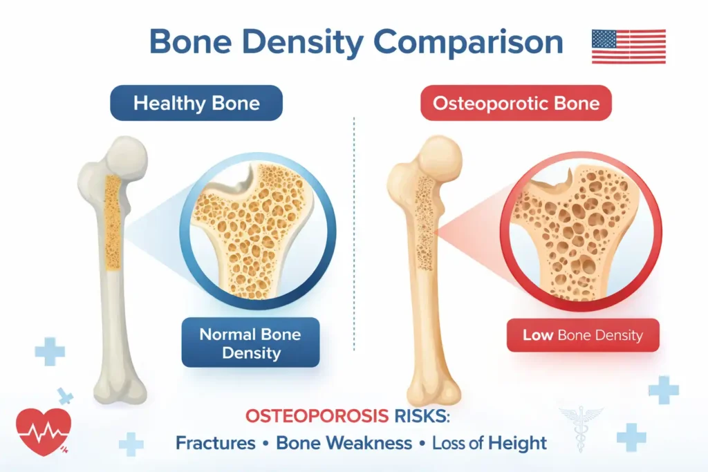 Bone density comparison showing healthy bone vs osteoporotic bone for osteoporosis awareness USA