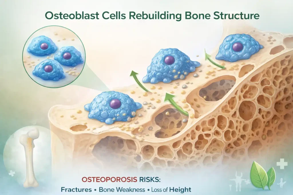 Diagram of osteoblast cells rebuilding bone structure for osteoporosis natural bone solution explanation