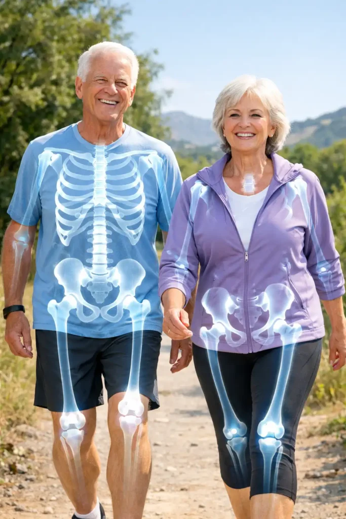 Smiling senior American couple walking confidently outdoors representing strong bones and active lifestyle