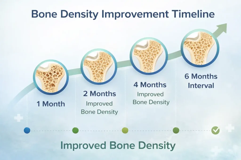 Bone density improvement timeline showing gradual bone strength support over months for osteoporosis natural bone solution