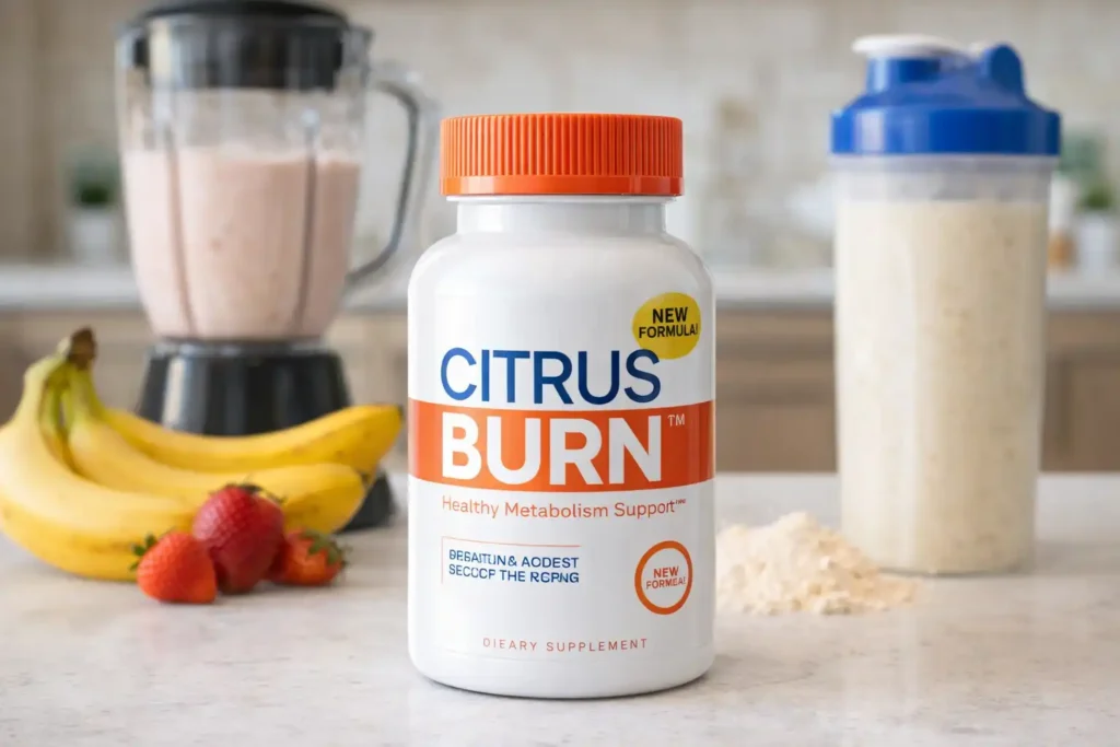 CitrusBurn weight loss supplement bottle placed on a kitchen counter with protein shake ingredients for weight loss in a bright modern kitchen