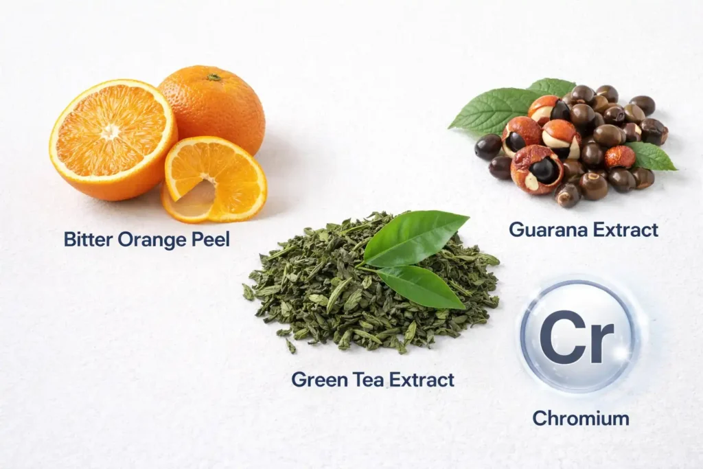 Natural ingredients used in CitrusBurn weight loss supplement including bitter orange peel, green tea extract, guarana extract, and chromium