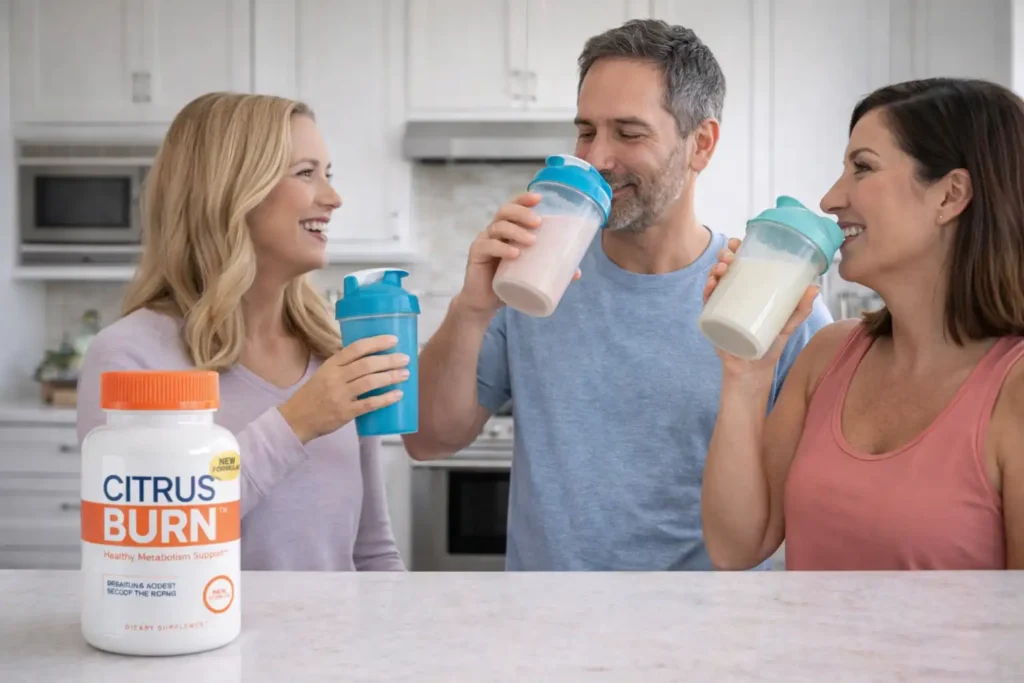 Healthy American adults drinking protein shakes for weight loss with CitrusBurn supplement on kitchen counter