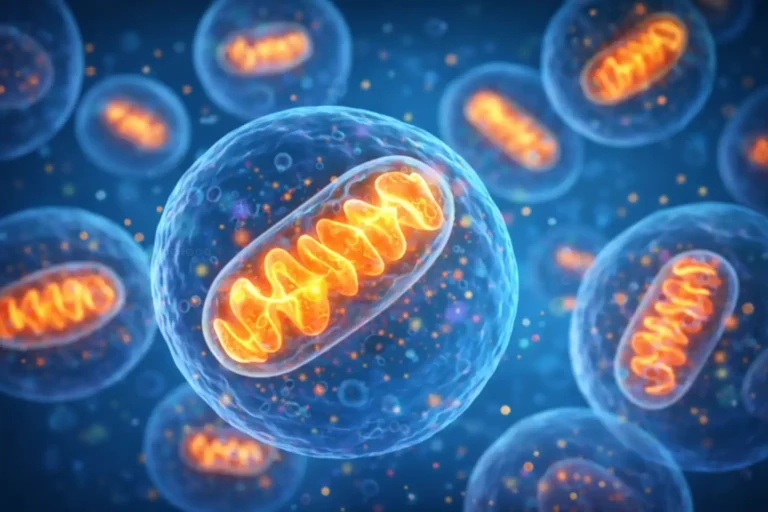 Glowing mitochondria inside human cells illustrating energy production and metabolism support