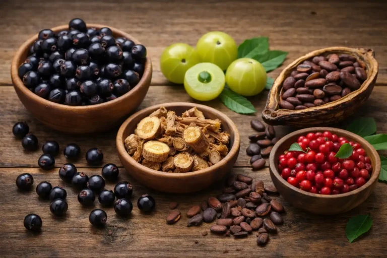 Natural metabolism supplement ingredients including maqui berries, rhodiola root, amla fruit, cocoa beans, and schisandra berries