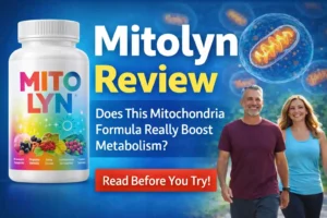 Mitolyn supplement bottle with mitochondria illustration showing metabolism and energy support for natural weight loss