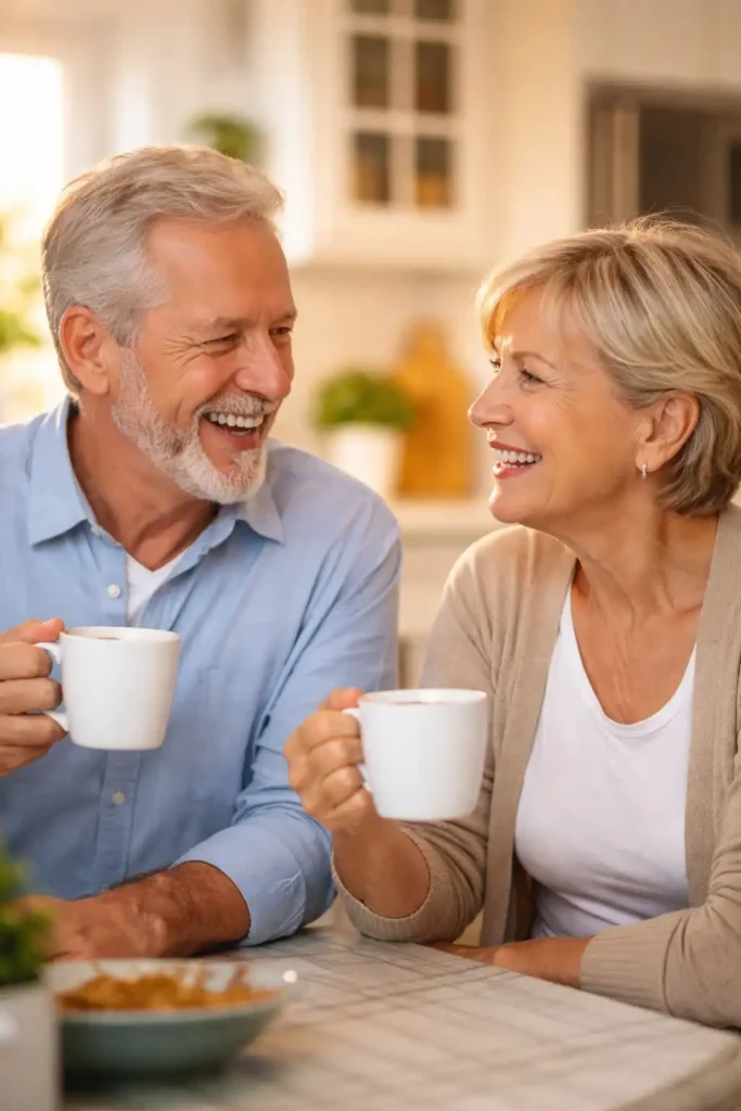 Senior American man and woman smiling and talking clearly, representing healthy hearing wellness and active aging.