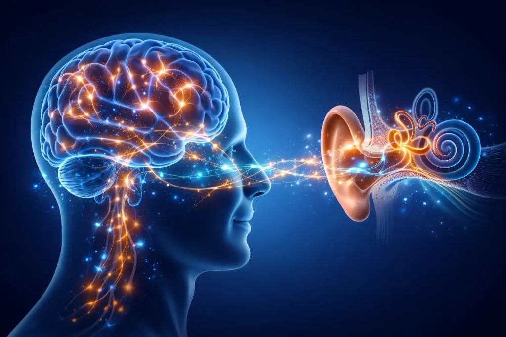 Medical illustration showing the brain and inner ear connection with glowing neural pathways supporting hearing clarity and auditory processing.