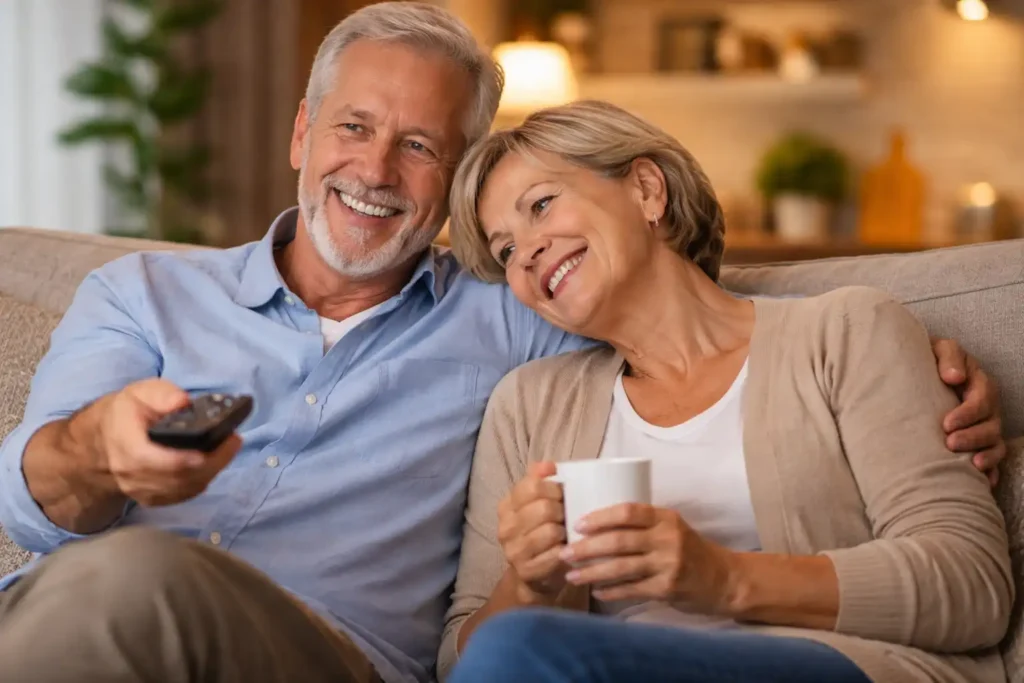 Happy older American couple watching TV together comfortably in a relaxed living room, enjoying clear hearing and quality time.