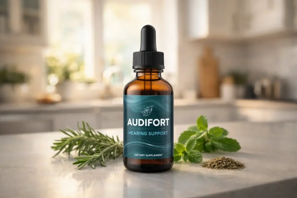Audifort hearing support supplement bottle placed on a clean kitchen counter with natural herbs and soft sunlight.