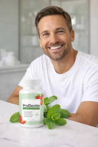 Smiling American adult using ProDentim probiotic for healthy teeth and gums in USA