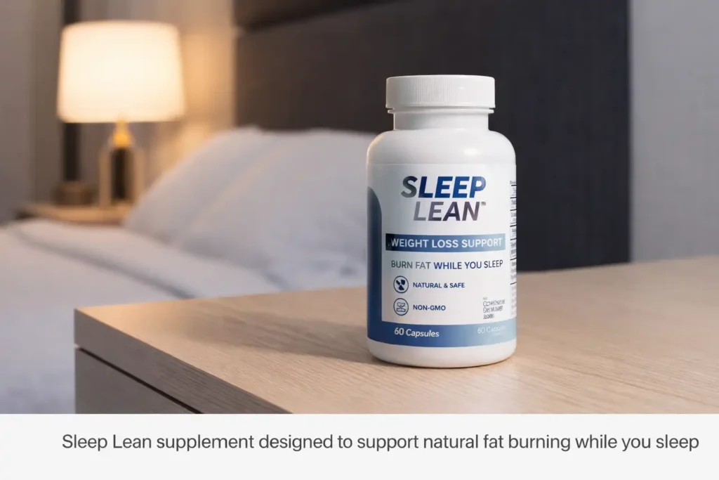 how to lose weight without exercise Sleep Lean supplement bottle on bedside table supporting weight loss during sleep