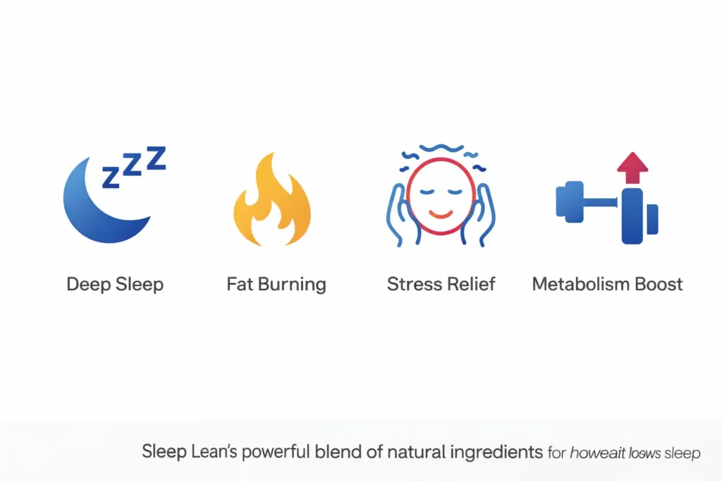 icons showing deep sleep fat burning stress relief and metabolism boost