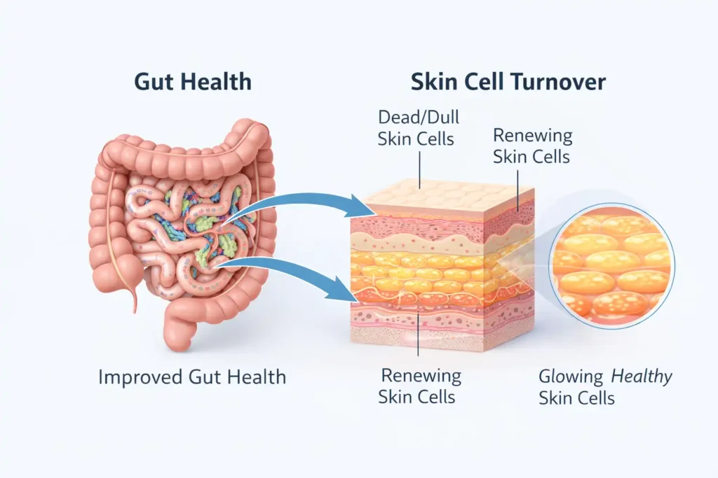 Skin-Gut Cell Turnover Infographic showing gut health improving Skin-Gut Cell Turnover by sending nutrients from intestine to renewing skin cells