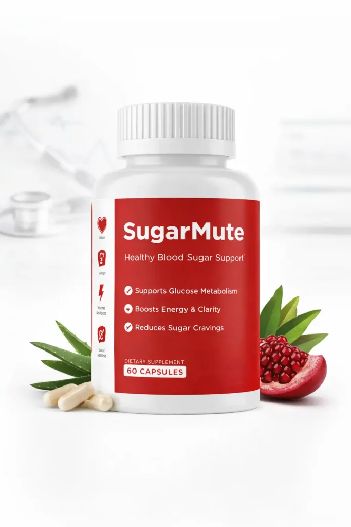 SugarMute supplement bottle for natural blood sugar support on white background
