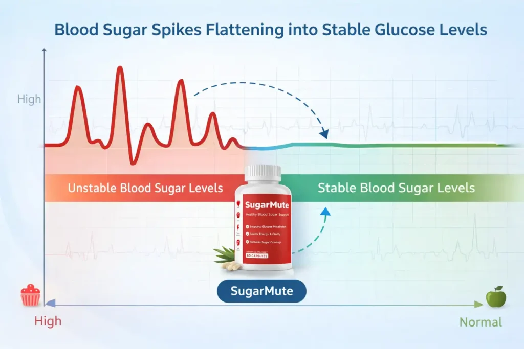 Infographic showing blood sugar spikes flattening into stable glucose levels with SugarMute support