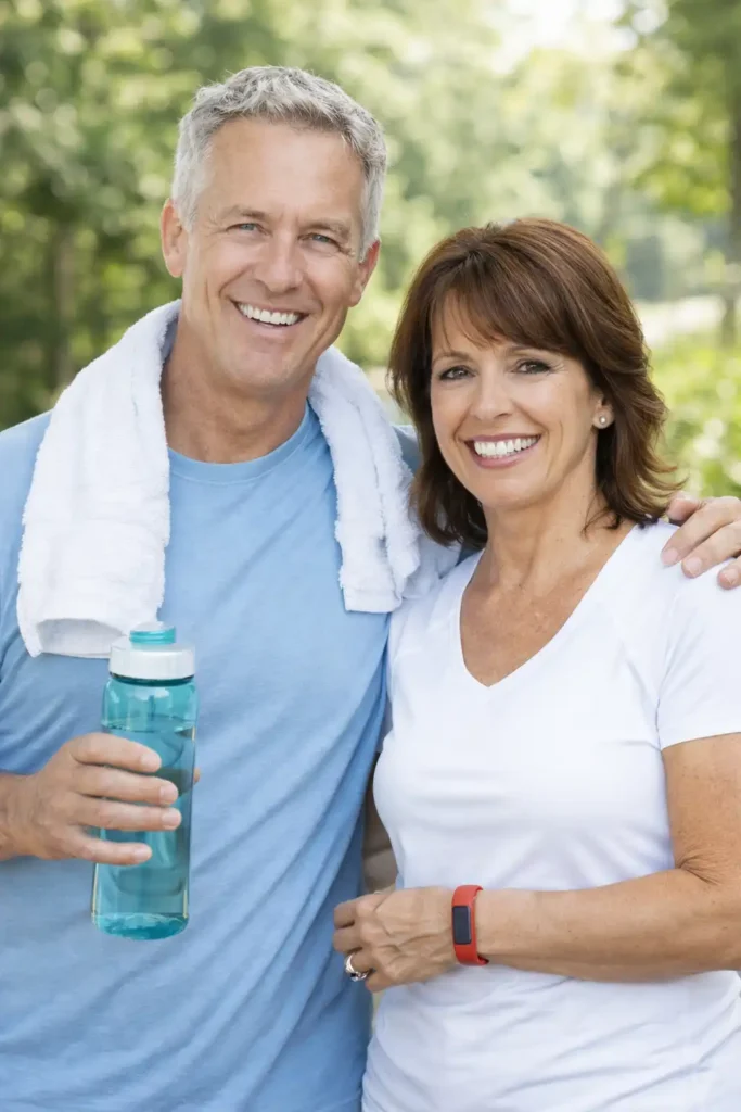Middle-aged American man and woman smiling, active lifestyle and wellness confidence