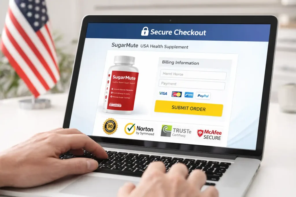 Secure online checkout page for SugarMute supplement with trust badges and payment options
