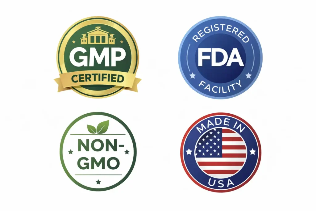 Trust badges showing GMP Certified, FDA Registered Facility, Non-GMO, and Made in USA quality standards.