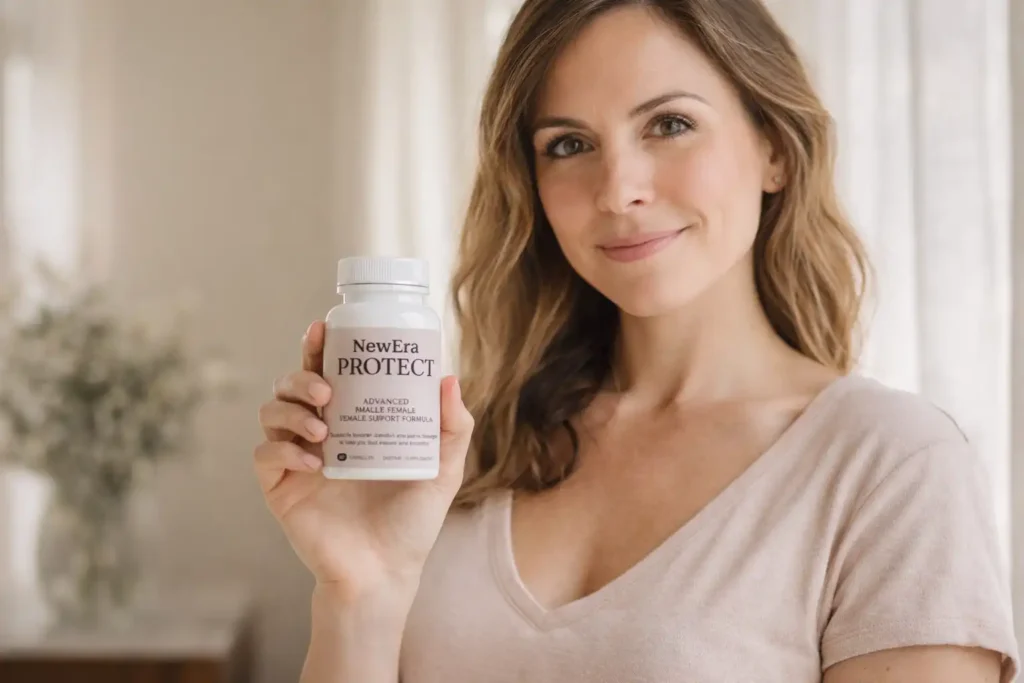 Natural supplement for women hormone balance – woman holding NewEra Protect confidently