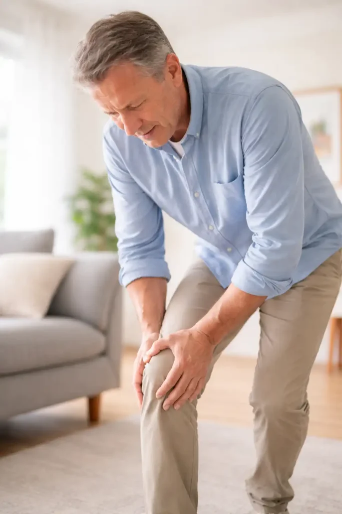 Adult person experiencing knee joint discomfort while standing indoors, realistic lighting]