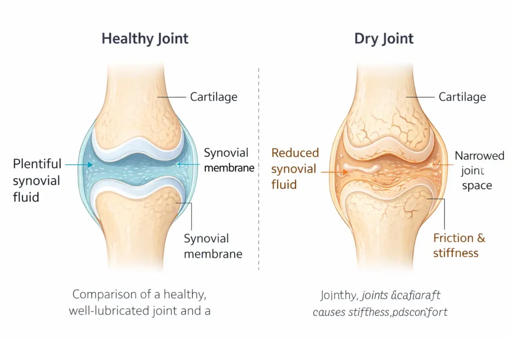 Healthy joint vs dry joint illustration showing reduced synovial fluid and joint friction related to Joint Genesis