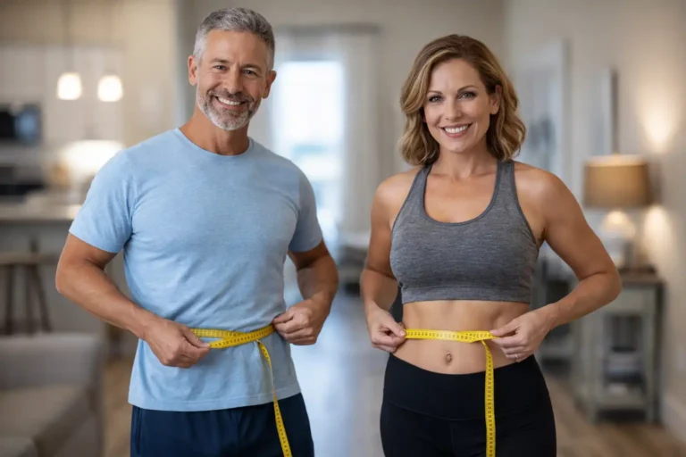 Healthy middle-aged American couple measuring waist for weight loss and cortisol reduction journey