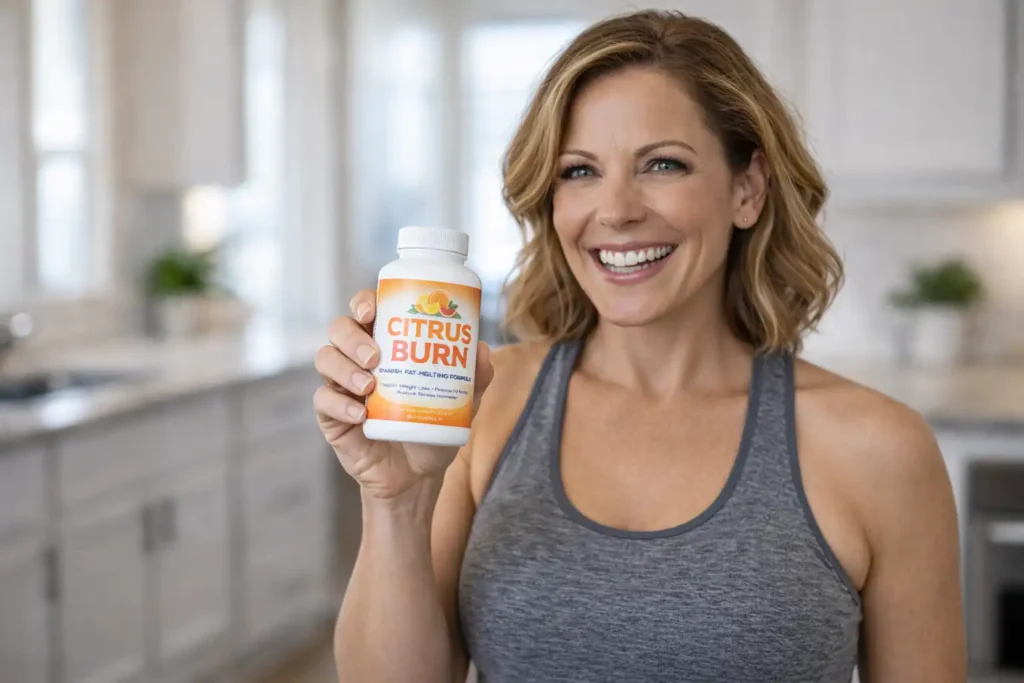 Confident healthy American woman holding Citrus Burn supplement for weight loss and stress support