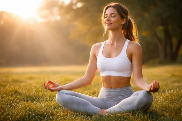A woman practicing mindfulness meditation in a sunlit park to naturally lower cortisol levels and manage stress fat.