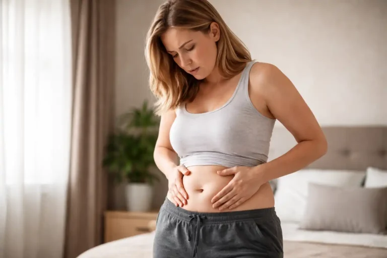 A woman in gray loungewear looking at her stomach in a bedroom setting, representing the common struggle with stubborn abdominal fat.