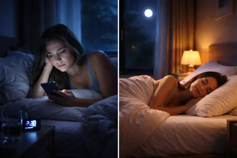 Split screen showing a woman using a smartphone in bed at 2:38 AM versus sleeping soundly in a dark room.