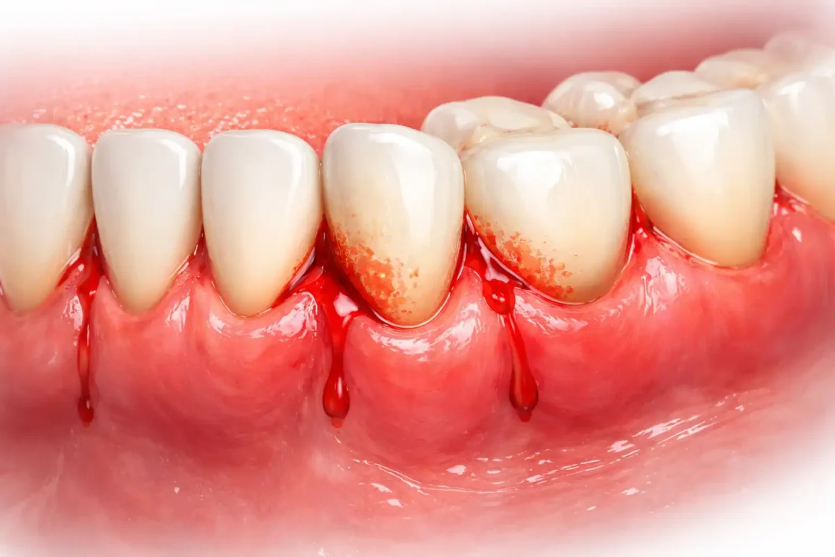 Detailed medical illustration of human teeth with red, swollen, and bleeding gum tissue caused by plaque buildup.
