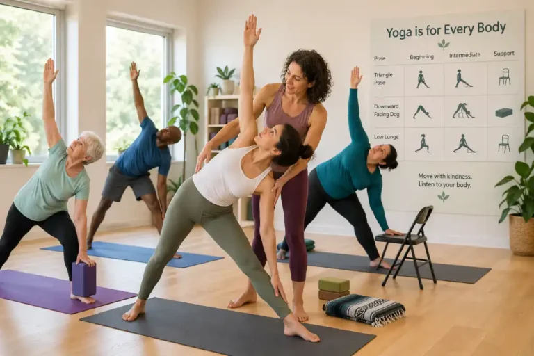 Diverse group practicing triangle pose with a chart showing beginner, intermediate, and supported yoga modifications