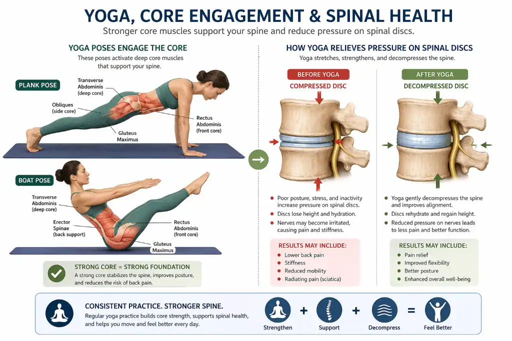 Anatomical diagram showing plank pose and boat pose engaging core muscles (transverse abdominis, obliques, rectus abdominis) with before/after spinal disc comparison showing decompression from yoga practice