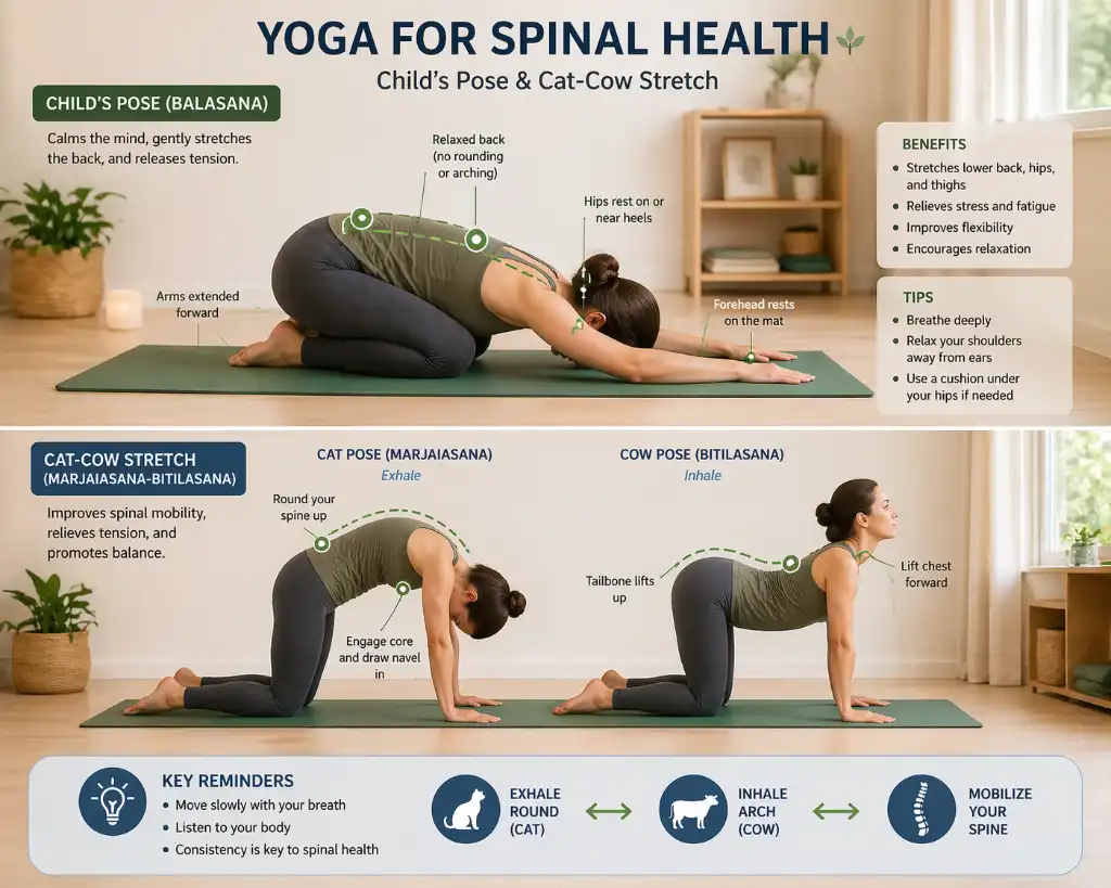 Detailed alignment diagram for Child's Pose and Cat-Cow Stretch showing proper spine curvature and breathing cues.