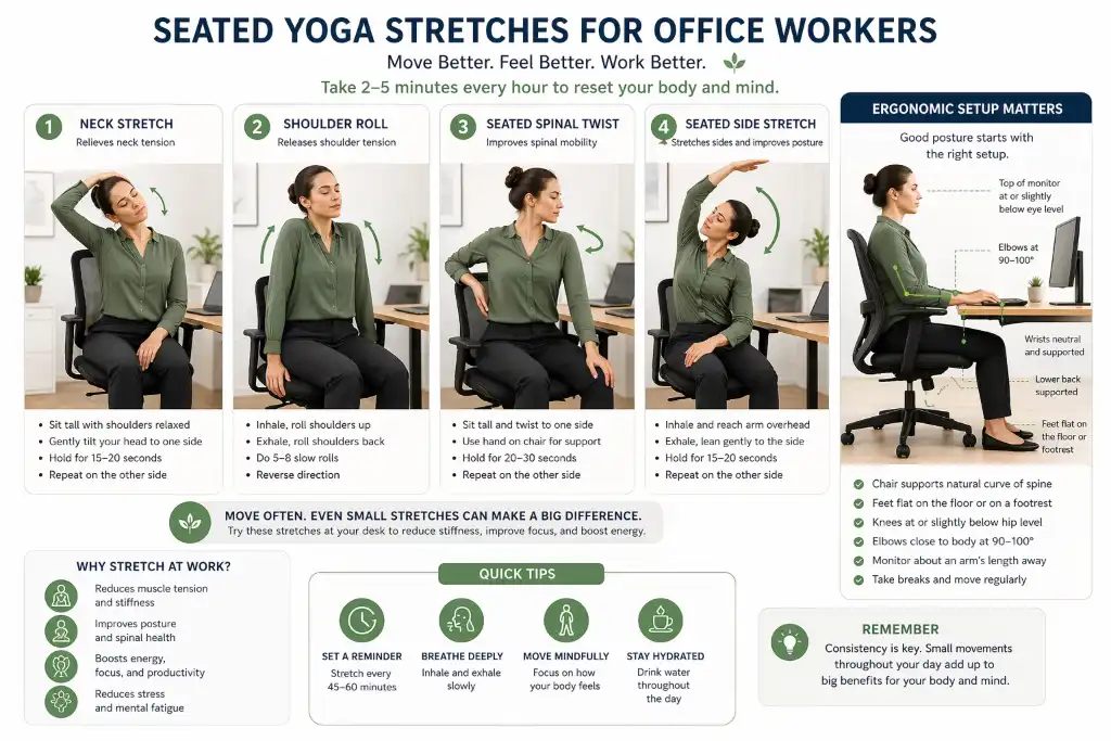 Woman performing seated neck stretches, shoulder rolls, and spinal twists at an ergonomic office desk setup.