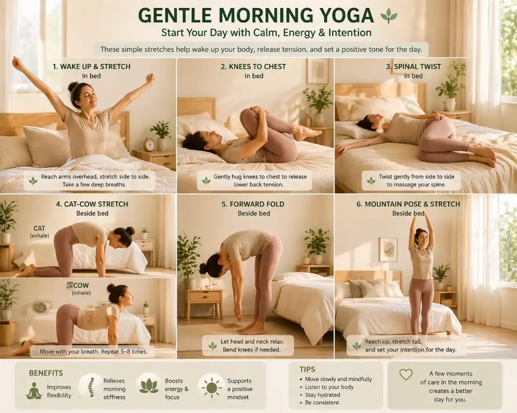 Step-by-step guide to gentle morning yoga stretches performed in and beside a bed, including spinal twists and cat-cow.