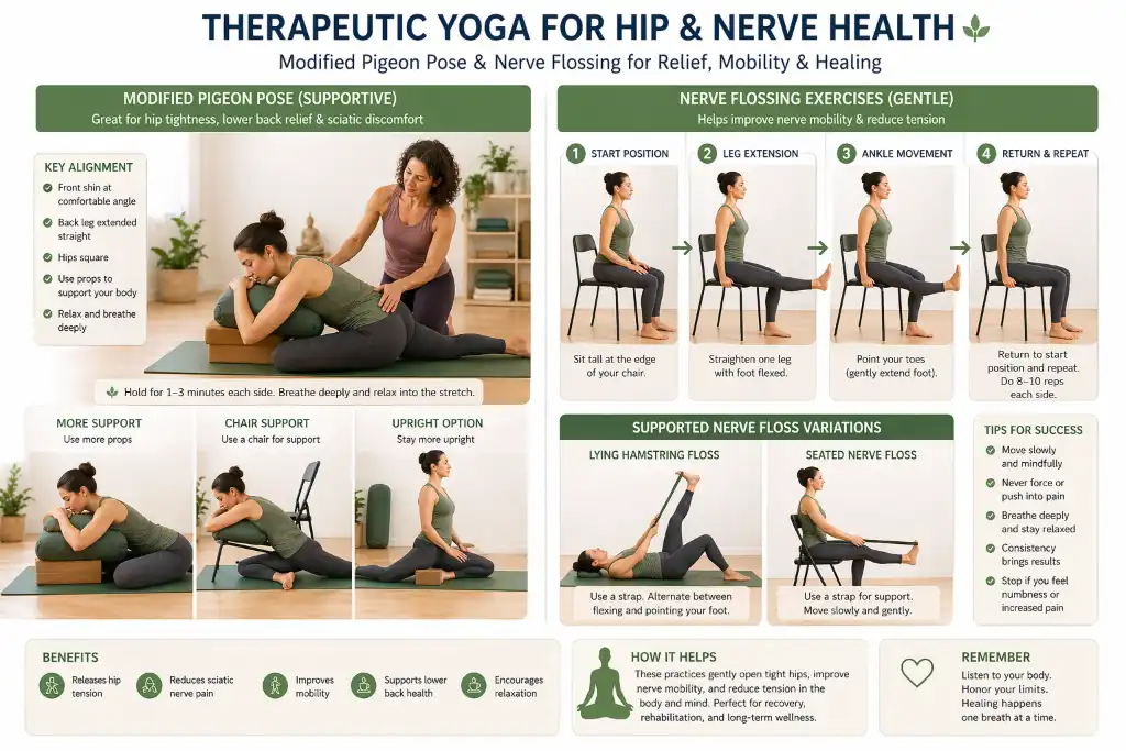 Therapeutic yoga sequence featuring modified pigeon pose with blocks and seated nerve flossing exercises for sciatica relief.
