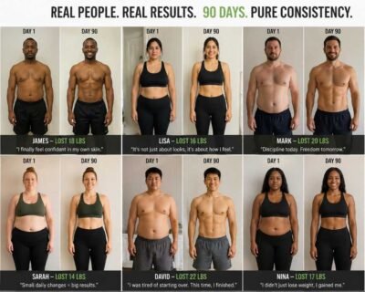Collage of before and after photos of six diverse men and women showing body transformations after 90 days of consistency.